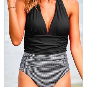 Halter Neck Black and Blk/White Stripe One Piece